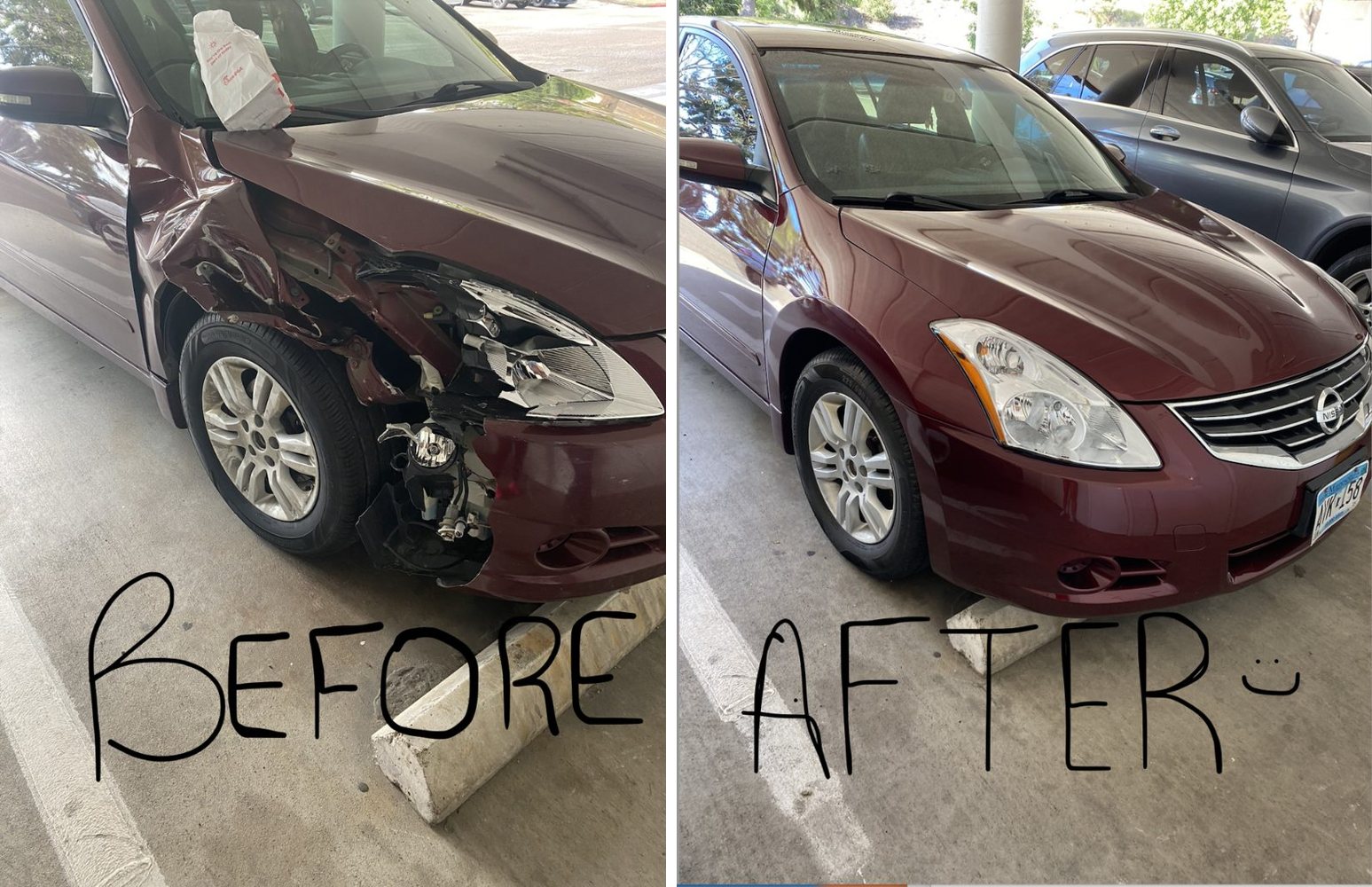 A maroon Nissan Altima at the shop, before and after front-end collision repair